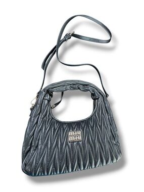 MM Black Ruched Hobo Shoulder Crossbody Bag Purse Gold Logo